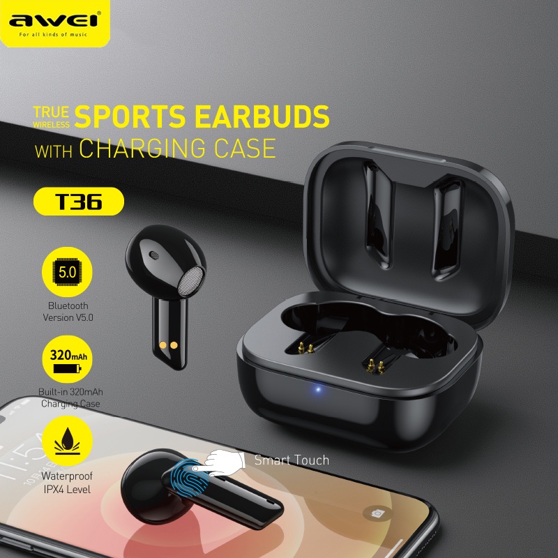 Tai nghe Bluetooth 5.0 awei T36 âm thanh vòm 5 giờ và phụ kiện