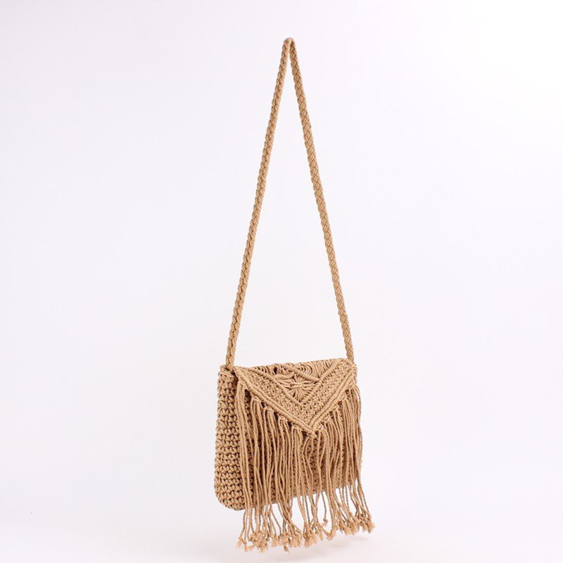 [NowShip - Giao Ngay] Túi Cói Boho Vintage Đeo Vai, Đeo Chéo Hình Tròn Dây Da Màu Nâu Be Trơn