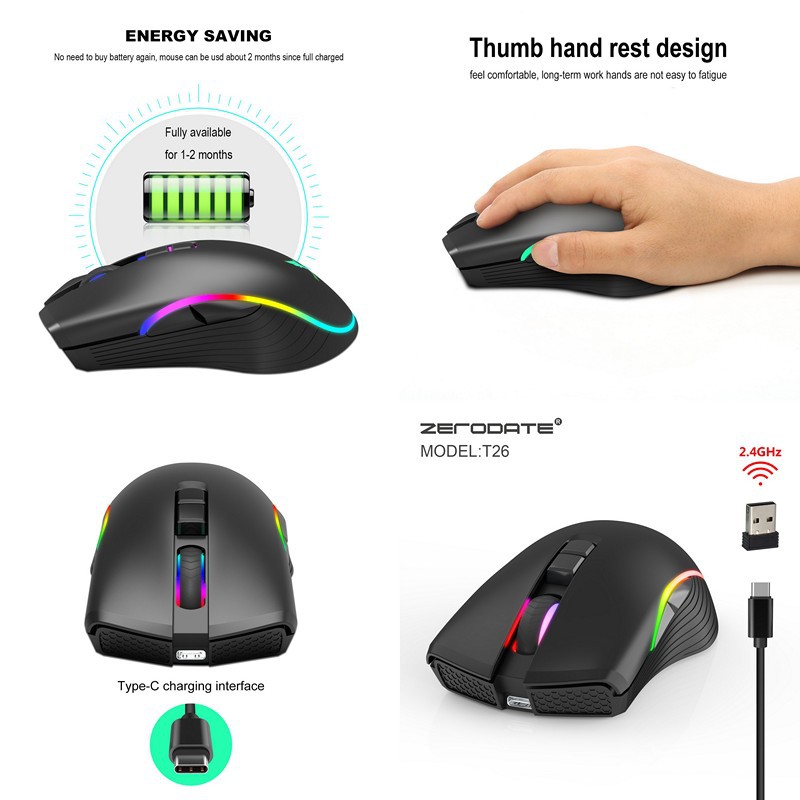 Chuột Không Dây Pin sạc T26 Gaming Mouse Type C