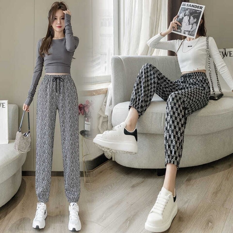 Letter Printed Spring and Summer Sweatpants Women's Loose Track Pants All-Matching Youthful-Looking Ankle-Tied Hong Kong Style Harem Pants Casual Wide-Leg Pants