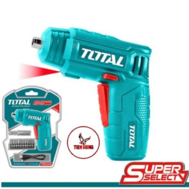 Máy bắn vít cầm tay TOTAL TSDLI0402 kèm 10 mũi vít 25mm, 1 mũi từ, 1 sạc, dụng cụ siết vít mini dùng pin Lithium 4V