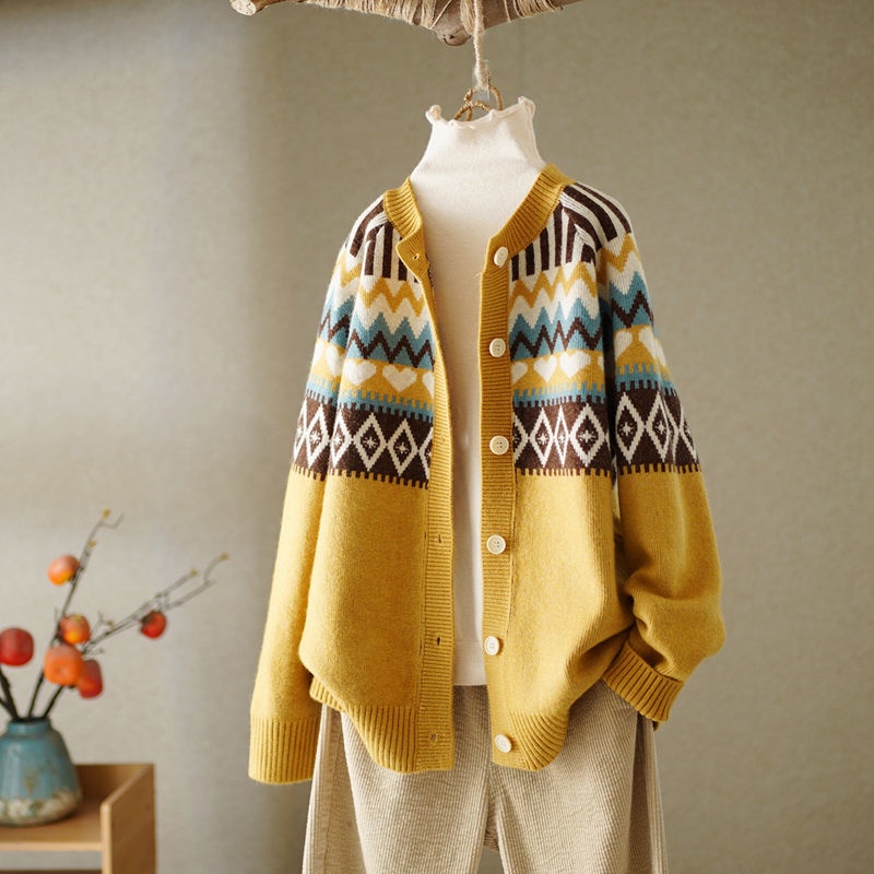 Áo Khoác Áo Len Rộng Rãi Áo Cardigan Dệt Kim Thêu Hoa Văn Nghệ Cổ Điển Cho Nữ Áo Dễ Phối