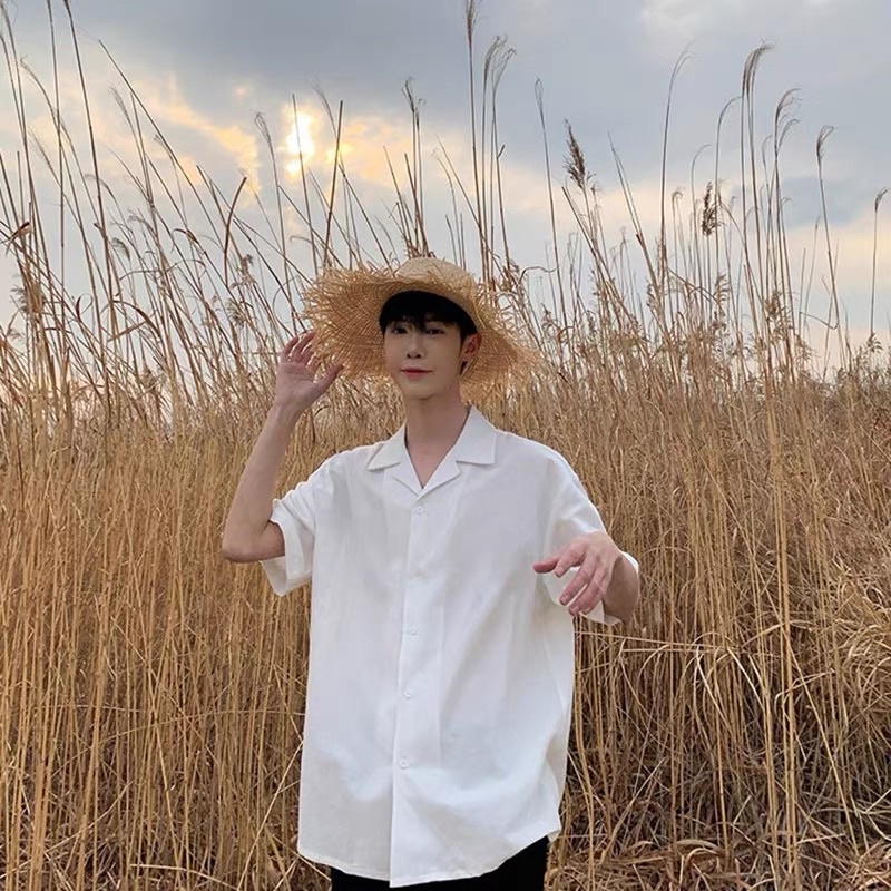 Áo sơ mi Trắng Đen Cổ Vest ngắn tay form rộng unisex nam nữ vải lụa