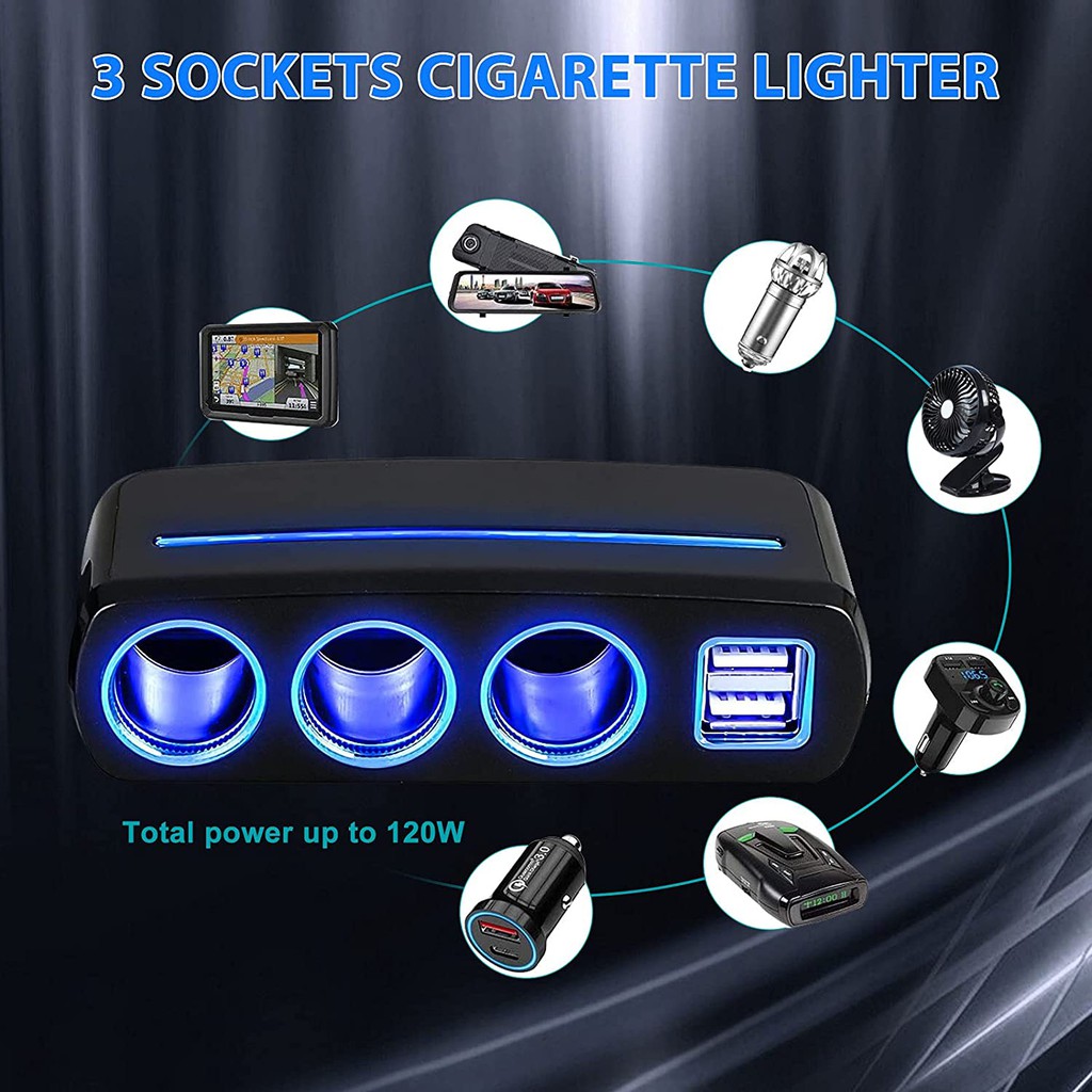 Củ Sạc Nhanh 3.1A Thông Minh Có 2 Cổng USB + 3 Ổ Cắm Có Màn Hình Hiển Thị Điện Áp Riêng Biệt Cho Xe Hơi