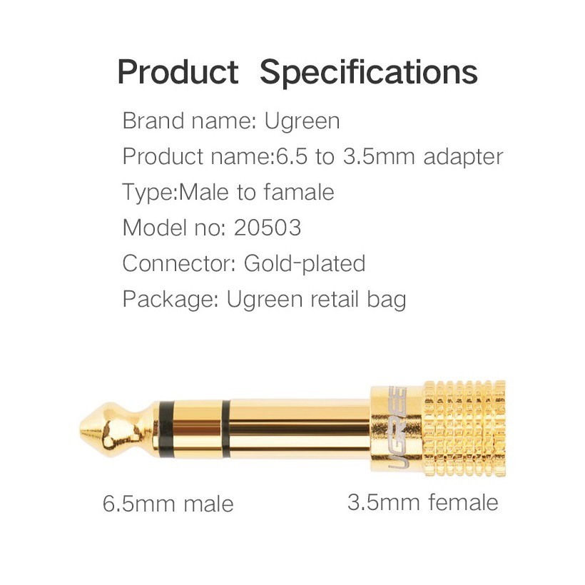 Đầu jack chuyển đổi âm thanh từ cổng 6.5mm đực sang cổng 3.5mm cái UGREEN 20503