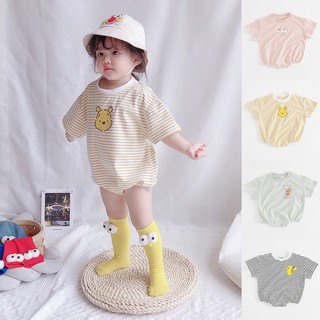 Bộ Áo Liền Quần Cotton Tay Ngắn Họa Tiết Kẻ Sọc Hoạt Hình Đáng Yêu Cho Bé Sơ Sinh