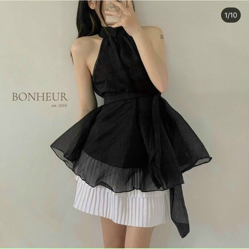 SET ÁO ĐEN CỔ YẾM NƠ CỔ + CHÂN VÁY TRẮNG DẬP LY 🖤