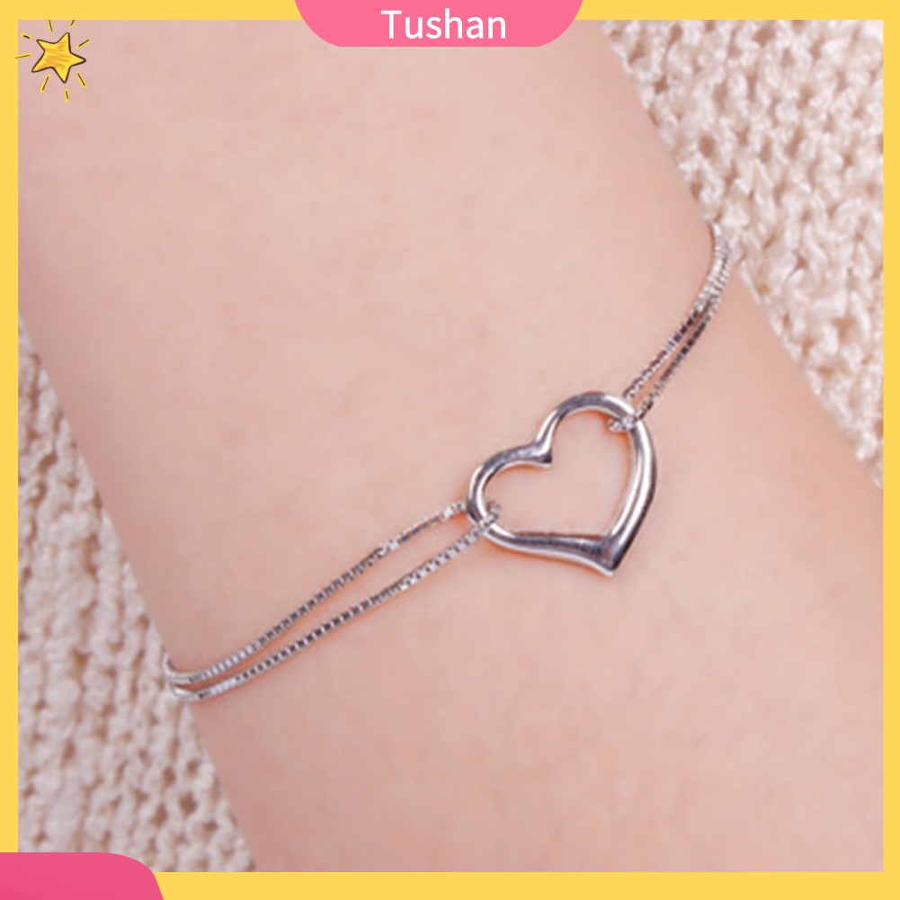 TUSH_Fashion Women Double Layer Chain Hollow Heart Charm Bracelet Bangle Jewelry