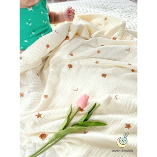 Chăn xô sợi gạc organic muslin Moon&Mints thêu gấu, thỏ cho bé, 4 lớp phong cách Hàn quốc