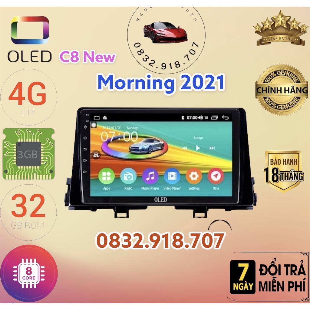 Màn hình android OLED C8 New theo xe Morning 2021  kèm dưỡng và jack nguồn zin theo xe