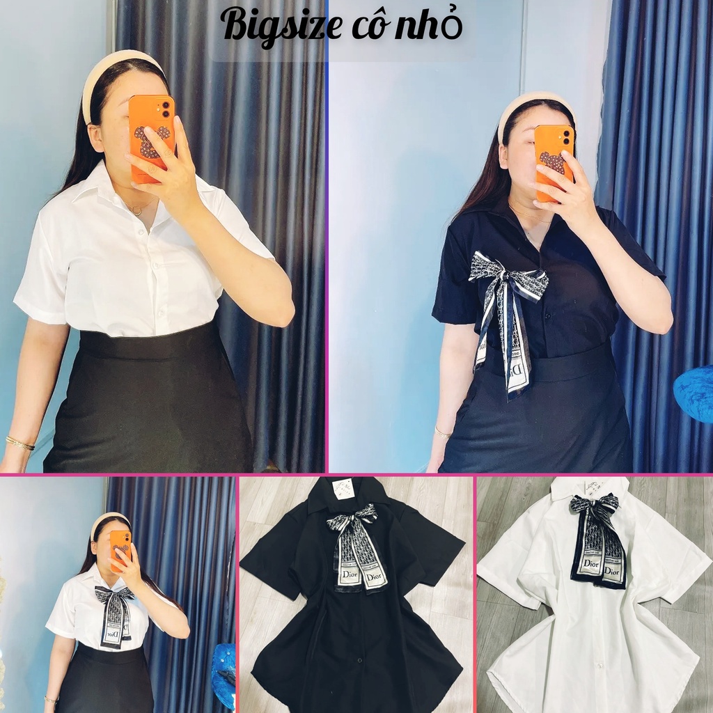 Áo sơ mi nữ tay ngắn bigsize trắng đen đẹp kiểu công sở phom rộng 55-100kg chất vải lụa mã sm nơ lụa