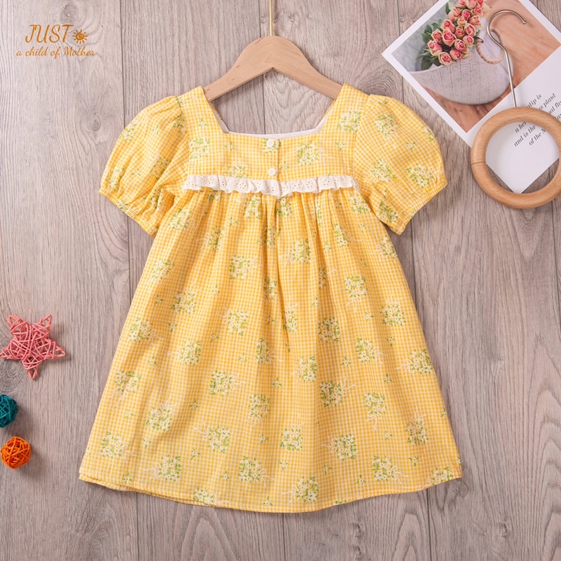 Váy thô kẻ xuất dư, size 9-35kg cổ vuông phối ren cực xinh