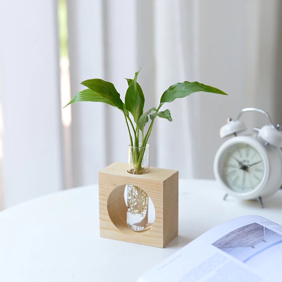 Decor bàn làm việc, bàn học với bình thủy tinh hình trụ cắm hoa, trồng cây thủy sinh có khung gỗ để bàn