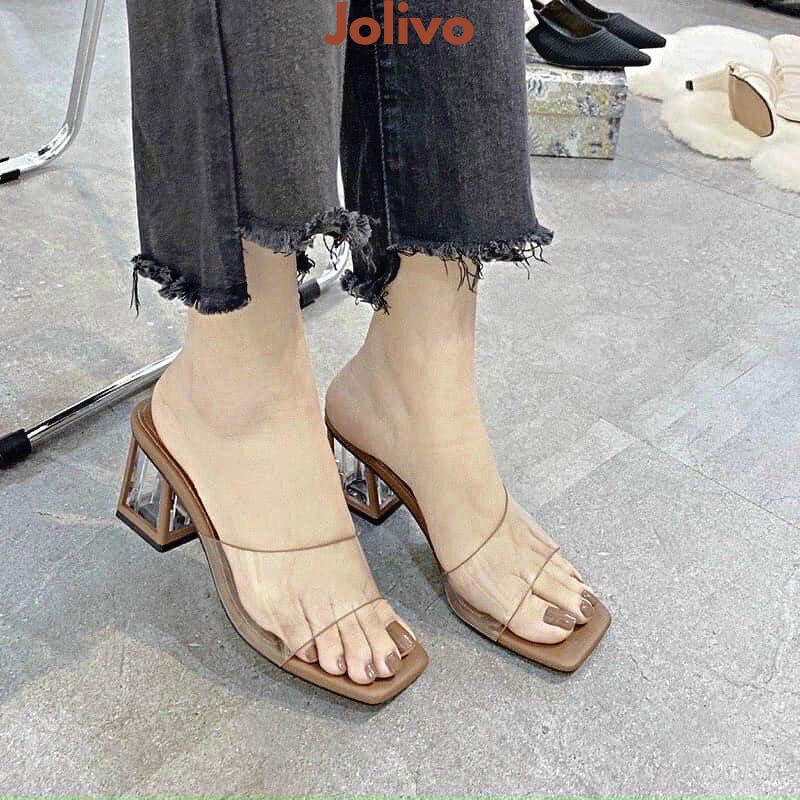 Dép cao gót nữ guốc quai trong đế vuông 5 phân viền nâu tây cực xinh JOLIVO G2.016.36