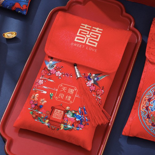 Bao Lì Xì Vải Thêu Cao Cấp - Lì Xì Cưới Chữ Hỷ - Hạnh Phũc Tròn Đầy