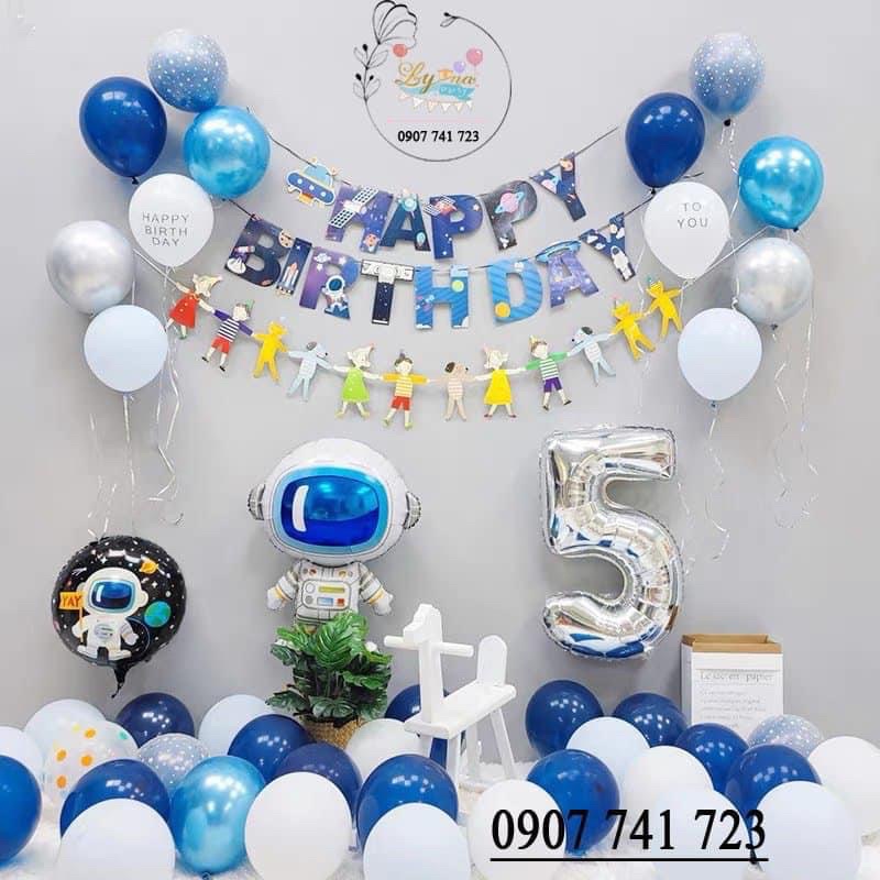 Set bóng xanh phi hành gia - vương miện - phụ kiện trang trí sinh nhật cho bé trai