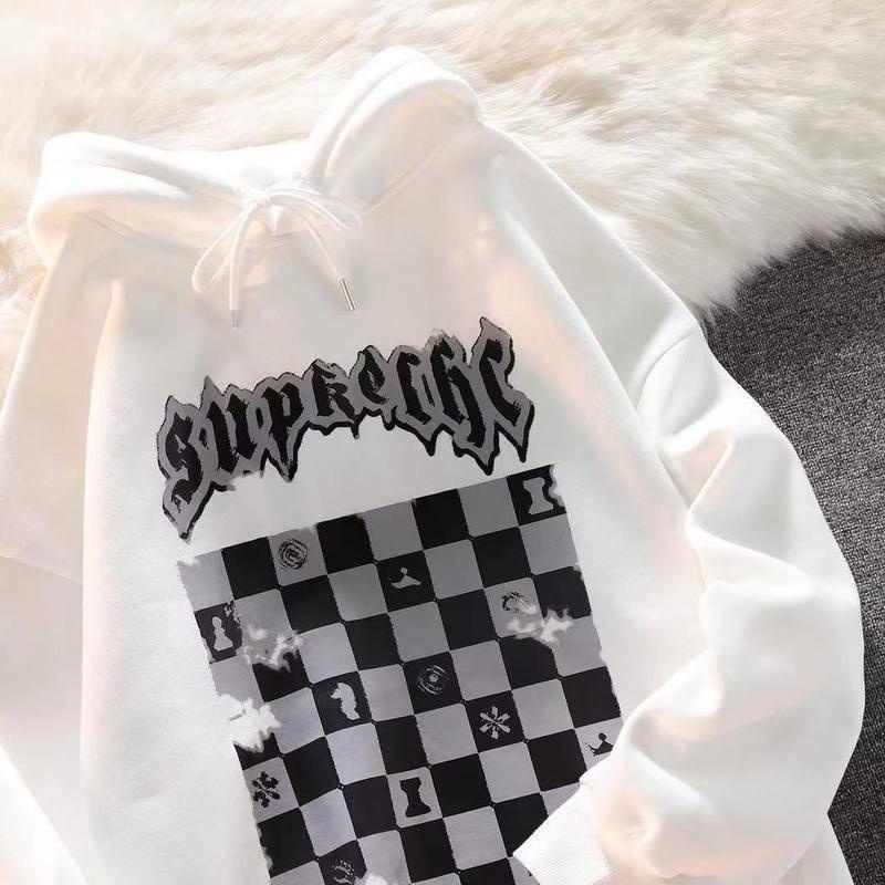 Áo hoodie dáng rộng họa tiết kẻ ô vuông màu trắng đen xu hướng thời trang