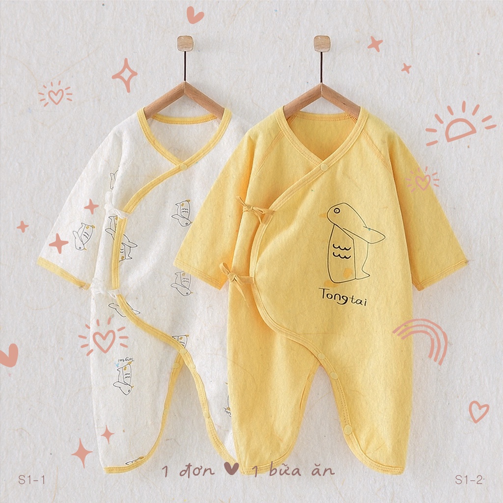 [Freeship] [Auth TONGTAI] sleepsuit vạt chéo dây rút, nút cài đáy quần, hoạ tiết dễ thương, 100% cotton mềm.