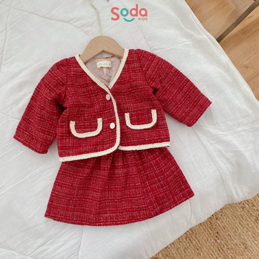 (Hàng thiết kế) Bộ áo khoác dạ đỏ kèm chân váy Thu Đông xinh tiểu thư