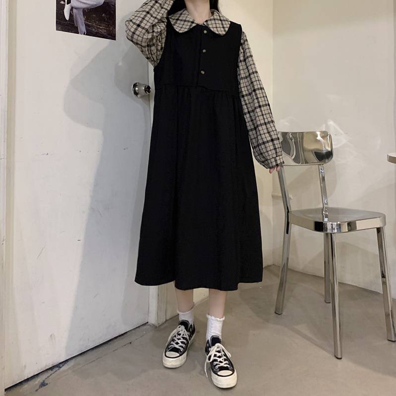 Set đầm hai dây và áo khoác phong cách vintage thời trang mùa thu mới cho nữ