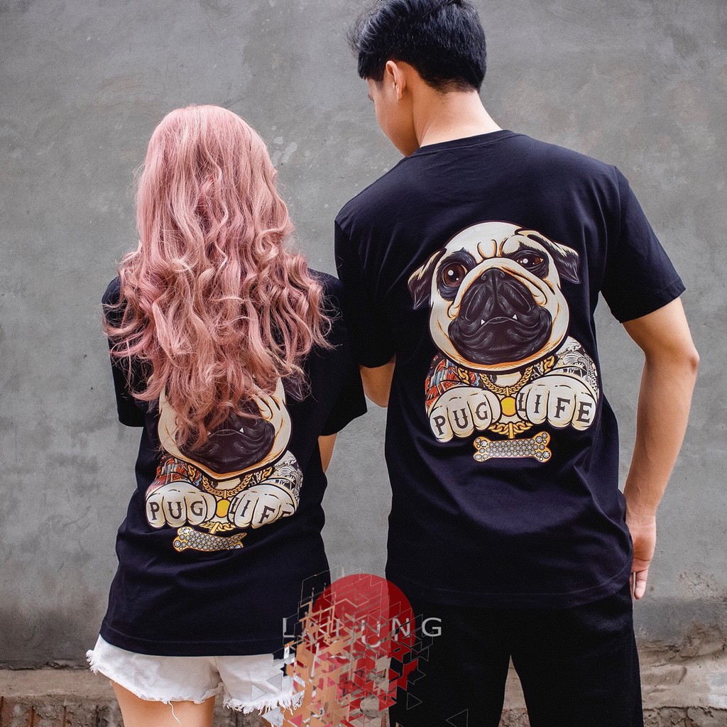 Áo thun couple unisex màu đen cá tính- Áo thun đen chó pug life