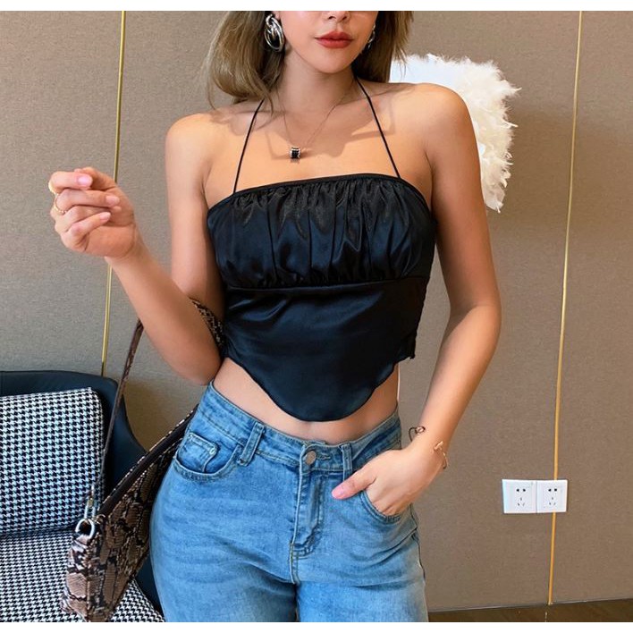 Áo croptop lụa đen dún thun co giãn màu đen HAC93 - Hỉn Hỉn Store