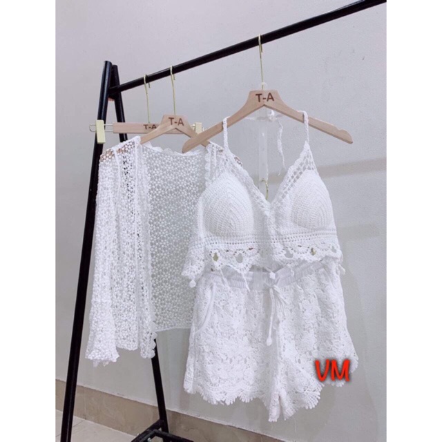 Set biển - set 3 món - áo bra kiểu giọt lệ + quần ren hoa đều + choàng ren tay loe (có tách rời)