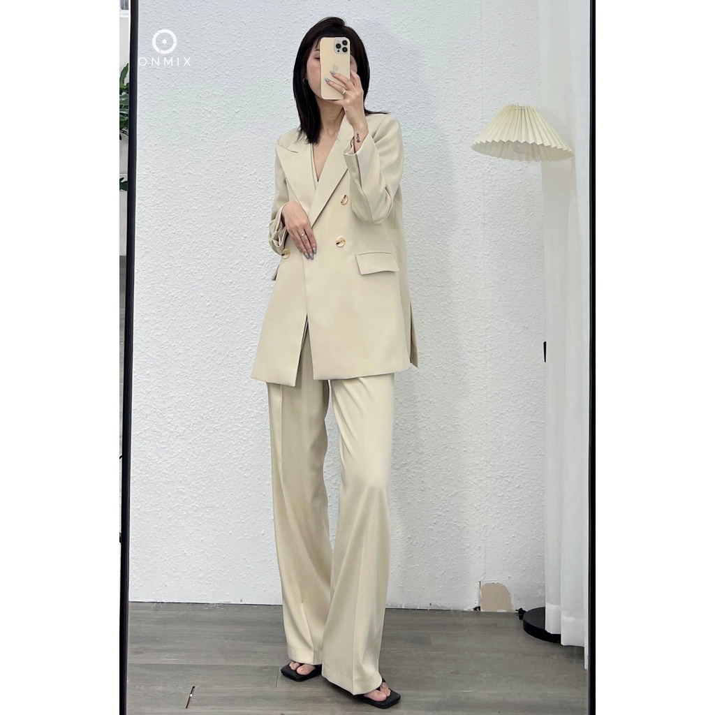 set Suit: áo Blazer tay dài + Gile basic + Quần tây ống suông nữ ONMIX, màu Beige, vải Tuytsi Hàn cao cấp | BigBuy360 - bigbuy360.vn
