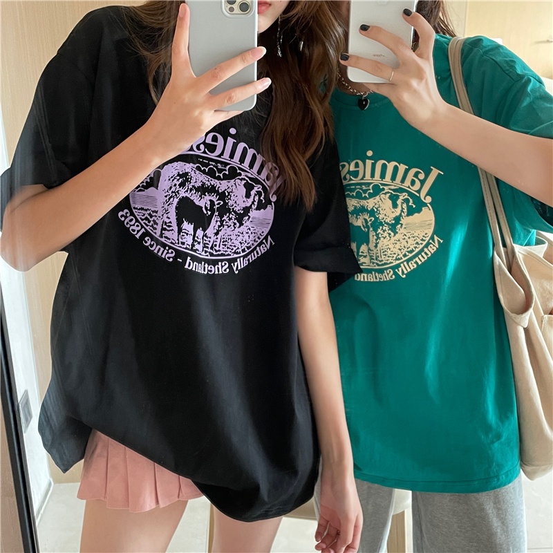 Áo thun cổ tròn tay ngắn dáng rộng in họa tiết phong cách Hàn Quốc cổ điển thời trang dành cho nữ với 5 màu tùy chọn