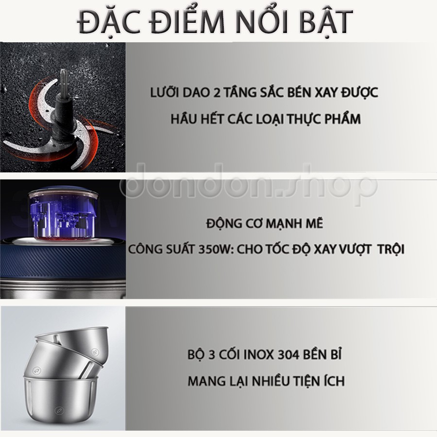 Máy xay thịt đa năng - bóc vỏ tỏi MORPHY RICHARDS bộ 3 cối Inox 304 cao cấp 350W BẢO HÀNH 12 THÁNG