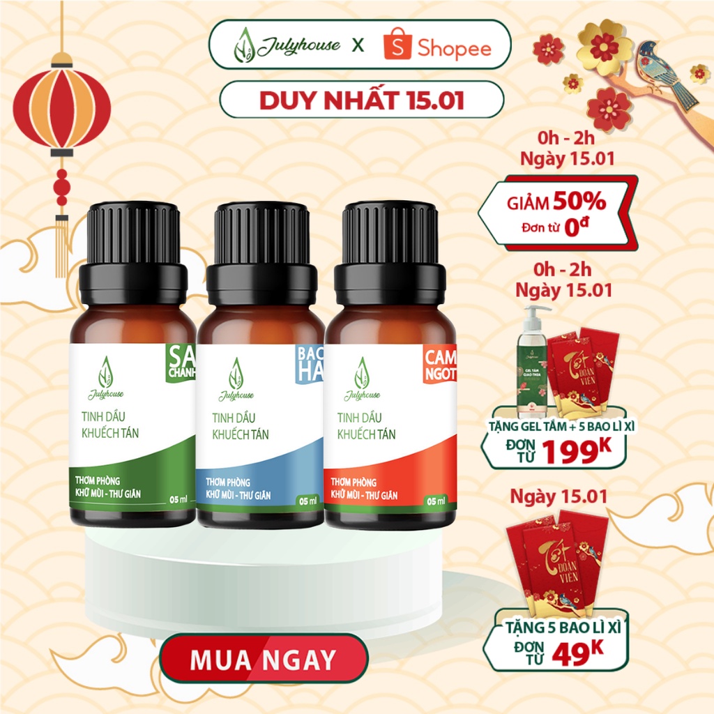 Combo 3 Bộ Khuếch tán Tinh dầu Sả Chanh, Cam Ngọt, Bạc Hà 5ml/chai JULYHOUSE khử mùi, thơm phòng, thư giãn