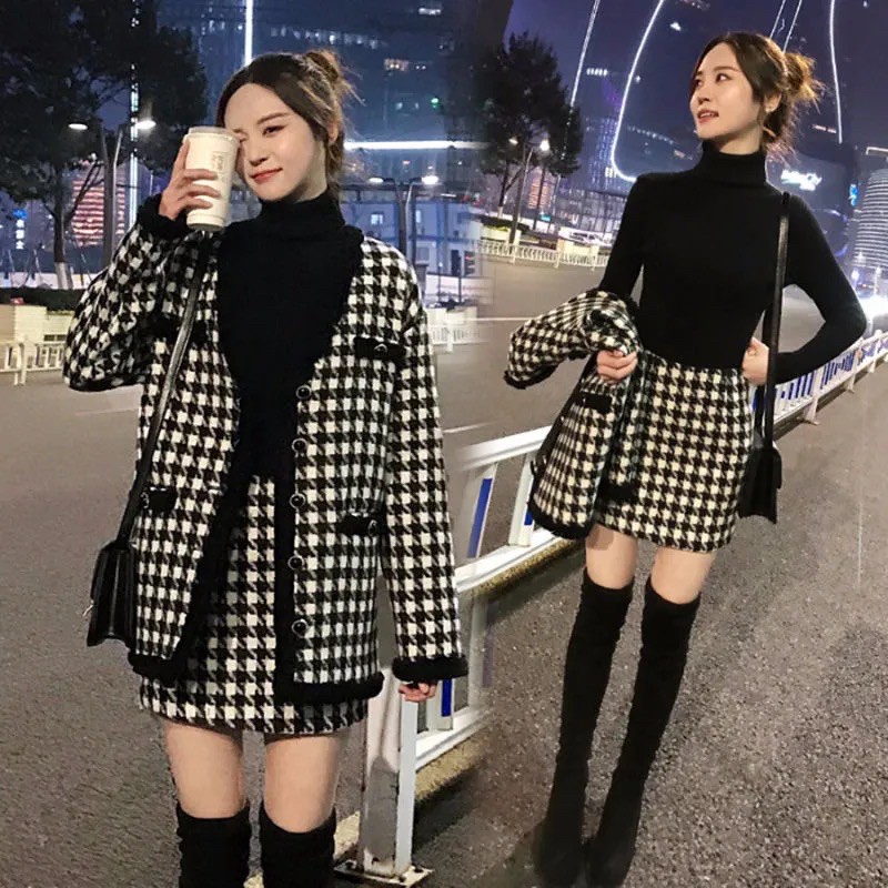 Set áo khoác chân váy caro viền đen dạ sang chảnh may chần siêu ấm mùa đông