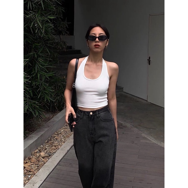 Áo croptop Yếm cổ tròn với 2 màu basic đen trắng