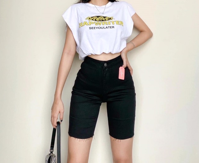 [Size 32-36] Quần Bò Cạp Cao ĐEN TUYỀN/ Ngố Lửng Jeans Lưng Siêu Cao Trên Rốn VẢI DÀY ĐẸP