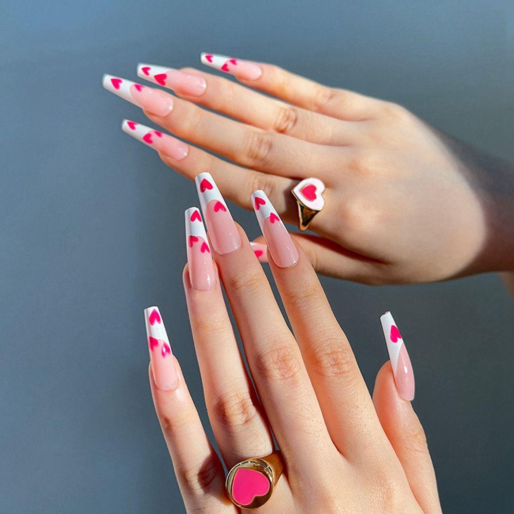 OKDEALS 24pcs/Box Press On Nails Red Heart Coffin False Nails Detachable Nail Tips Wearable Artificial Manicure Tool French Ballerina Full Cover Fake Nails