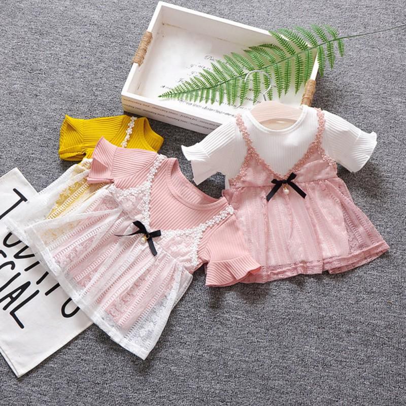 Đầm Tay Ngắn Phối Lưới Cho Bé Gái (2 Lớp)