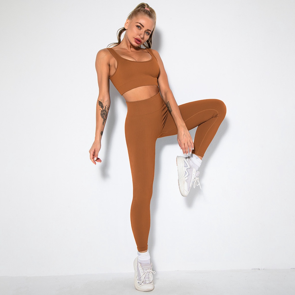 11 màu Set Nữ Dệt Kim Đồ Tập Yoga Bộ Đồ Tập Gồm Sexy Cổ áo phẳng Bra+Eo Cao Quần Dài，Thời Trang Độ Co Giãn Đồ Tập Thể Dục