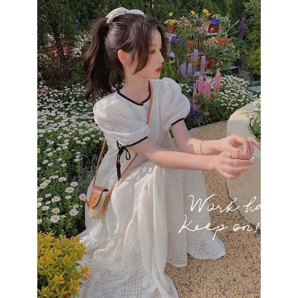 Váy babydoll cộc tay thiếu nữ viền đen dáng xoè bồng bềnh