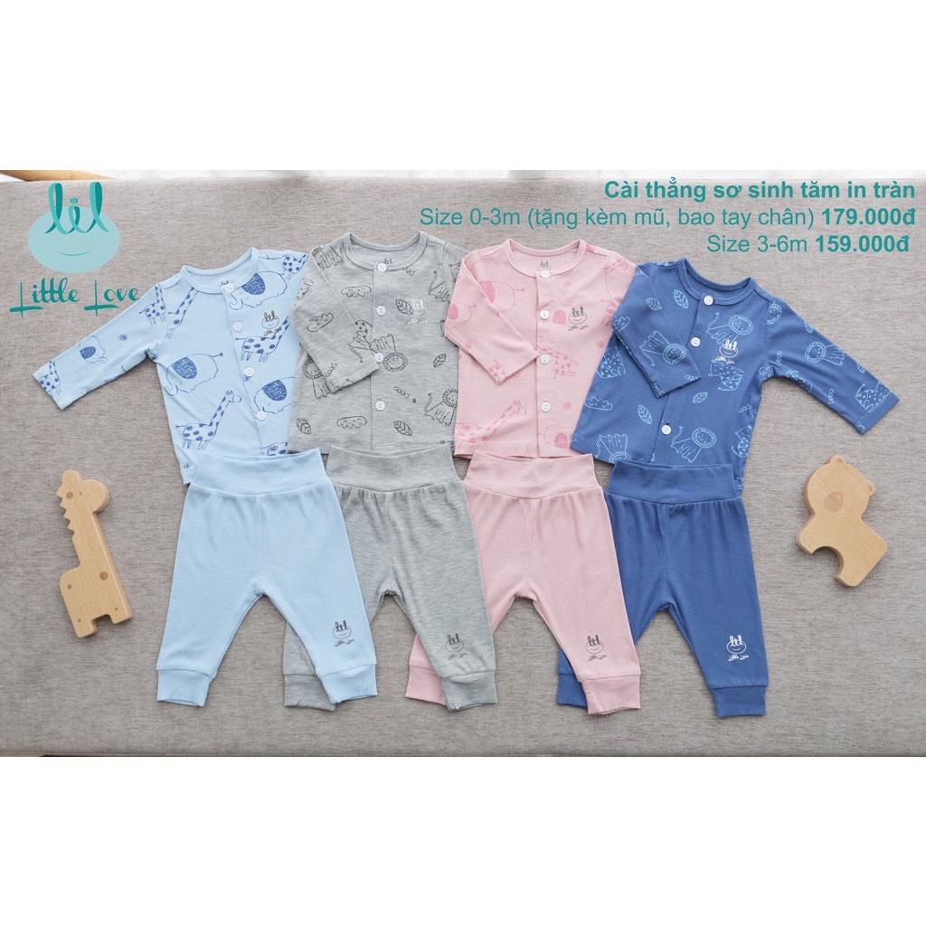 Bộ sơ sinh kèm phụ kiện cài thẳng cạp cao vải tăm in tràn Little Love cho bé(sale)