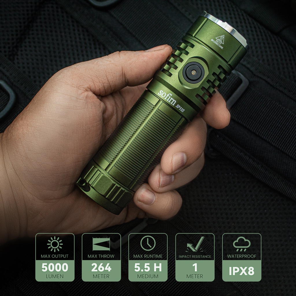 Đèn Pin Sofirn SP33S Mạnh Mẽ 5000 lumen XHP70B Chống Thấm Nước Có Thể Sạc Lại Bằng Pin 26650