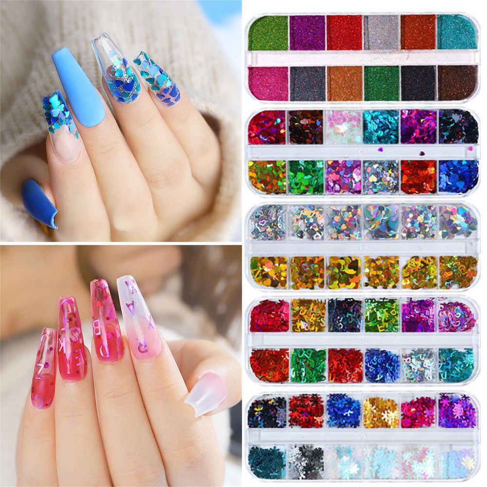[Hàng mới về] Bột Kim Sa Lấp Lánh 3D Trang Trí Móng Tay 12 Ngăn Diy