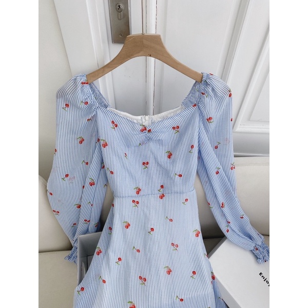 ĐẦM MIDI HOA XANH HOẠ TIẾT CHERRY CHÂN BÈO NHÍU NGỰC