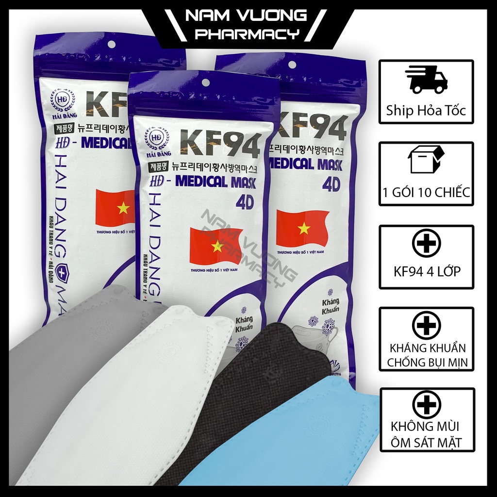 Khẩu trang 4D KF94 Hải Đăng chống nước, kháng khuẩn, chống bụi mịn xâm nhập vào đường hô hấp - 1 túi 10c
