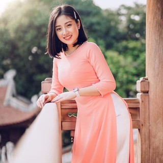 Áo dài đính ngọc đẹp CHAANG May áo truyền thống cổ tròn tay lỡ, vải lụa tằm cam