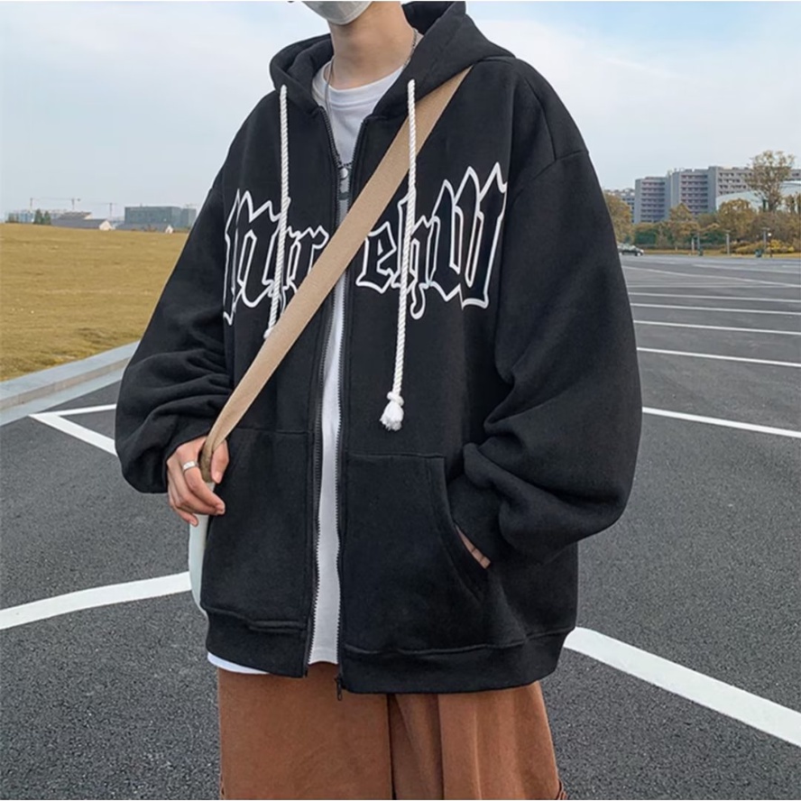 Áo Khoác dây kéo Có Nón Dáng Rộng In Chữ Áo hoodie Phong Cách Hàn Quốc áo hoodie dây kéo Thời Trang áo khoác hoodie Nam Nữ