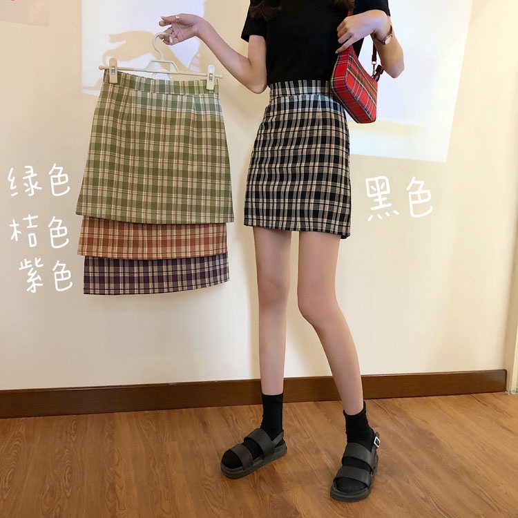 Chân váy chữ A SUXI lưng cao họa tiết sọc caro thời trang phong cách Hàn Quốc cho nữ