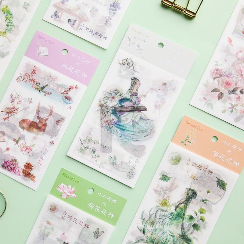 Set 4 tấm sticker cổ trang ánh nhũ bạc