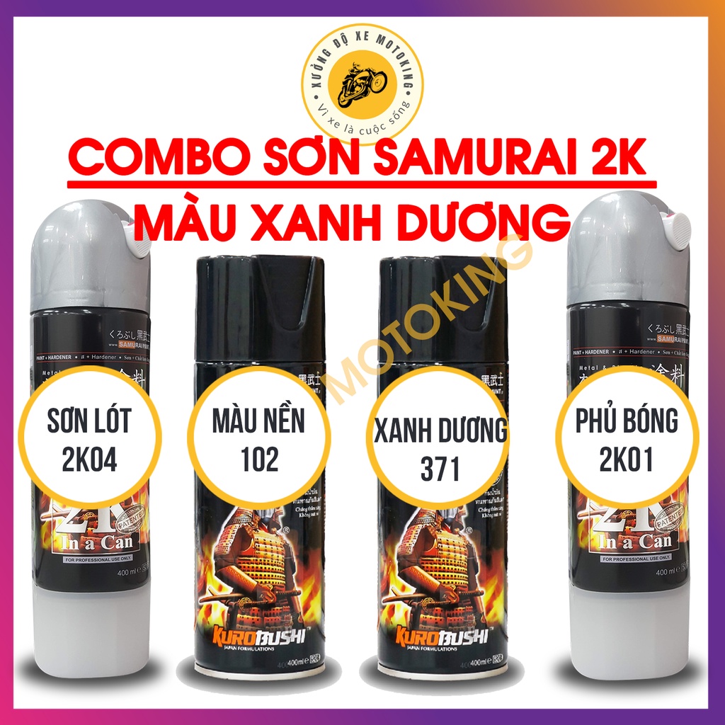 Combo Sơn samurai màu xanh dương 371 loại 2K chuẩn quy trình độ bền 5 năm gồm 4 chai 2K04 - 102 - 371 - 2K01