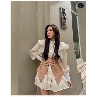 ĐẦM SƠ MI VOAN CỔ BÈO ĐAN DÂY EO 2M
