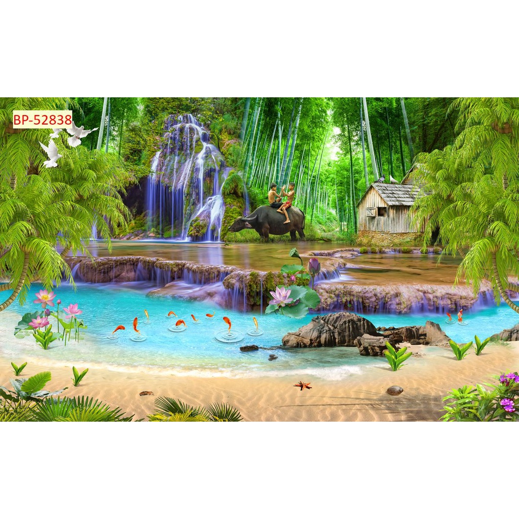 Tranh thác nước thiên nhiên đầm sen, thác nước hùng vĩ khổ lớn, không giới hạn kích thứơc